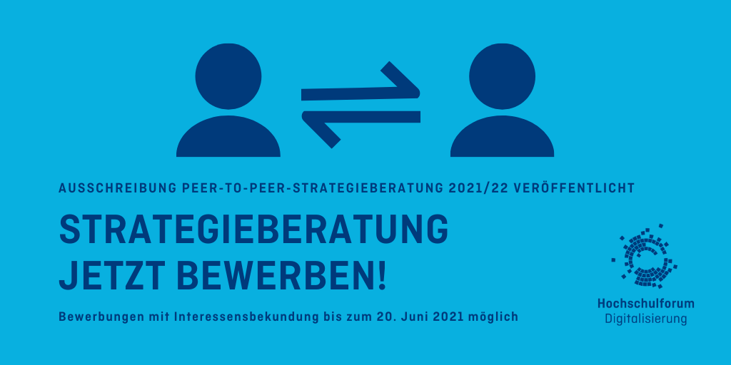 Blaue Grafik, Austausch zweier Menschen; Text: Strategieberatung - jetzt bewerben! Deadline: 20.Juni 2021