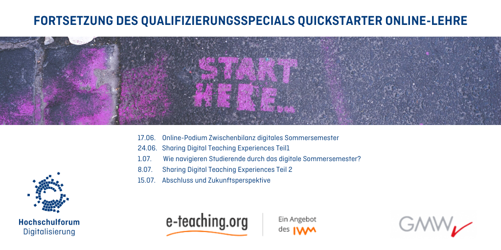 Quickstarter Onlinelehre, zweiter Teil des Qualifizierungsspecials von HFD, e-teaching.org und GMW.
