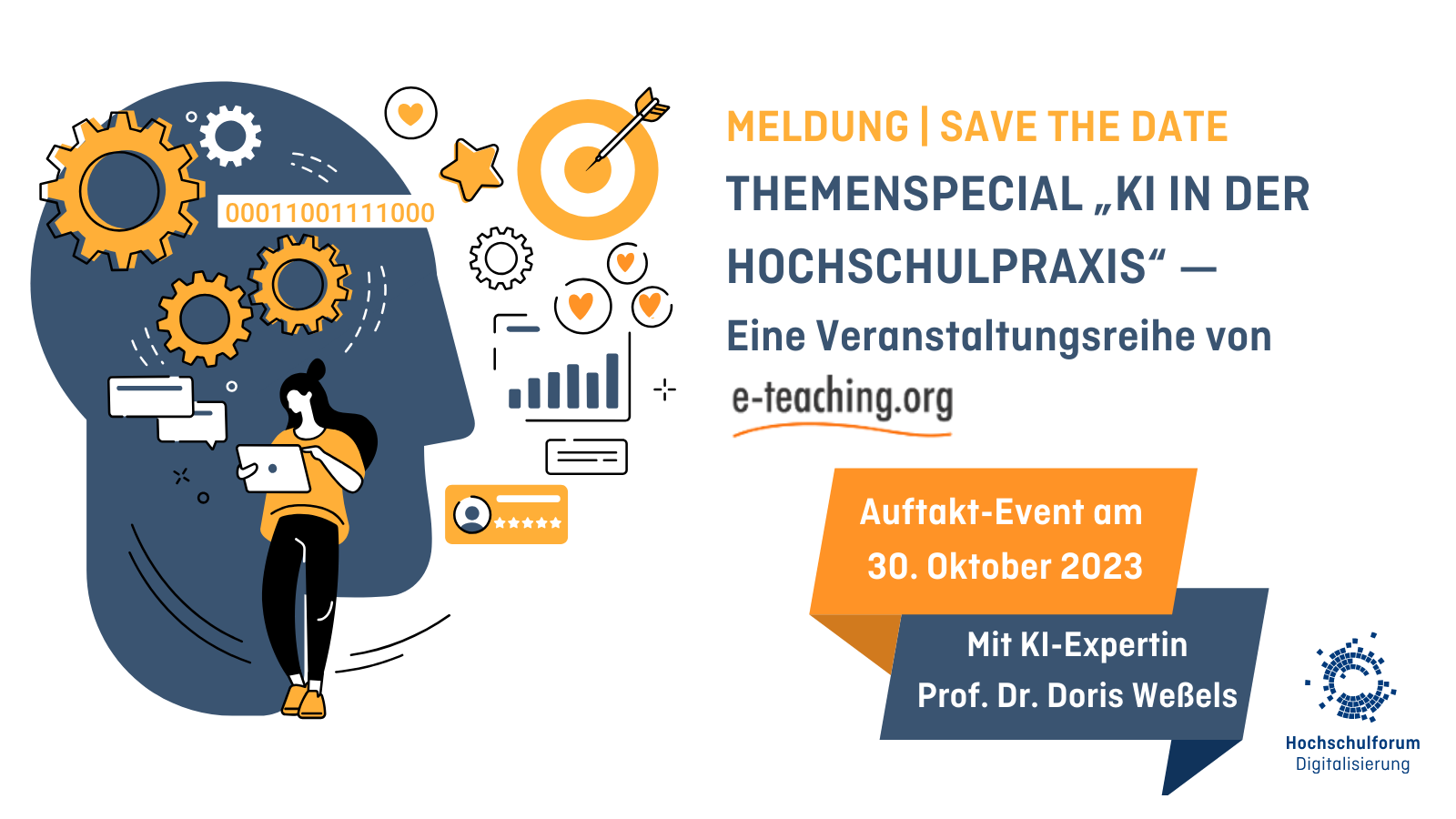 Text: MELDUNG | SAVE THE DATE THEMENSPECIAL „KI IN DER HOCHSCHULPRAXIS“ —  Eine Veranstaltungsreihe von e-teaching.org, Auftakt-Event am  30. Oktober 2023, Mit KI-Expertin Prof. Dr. Doris Weßels