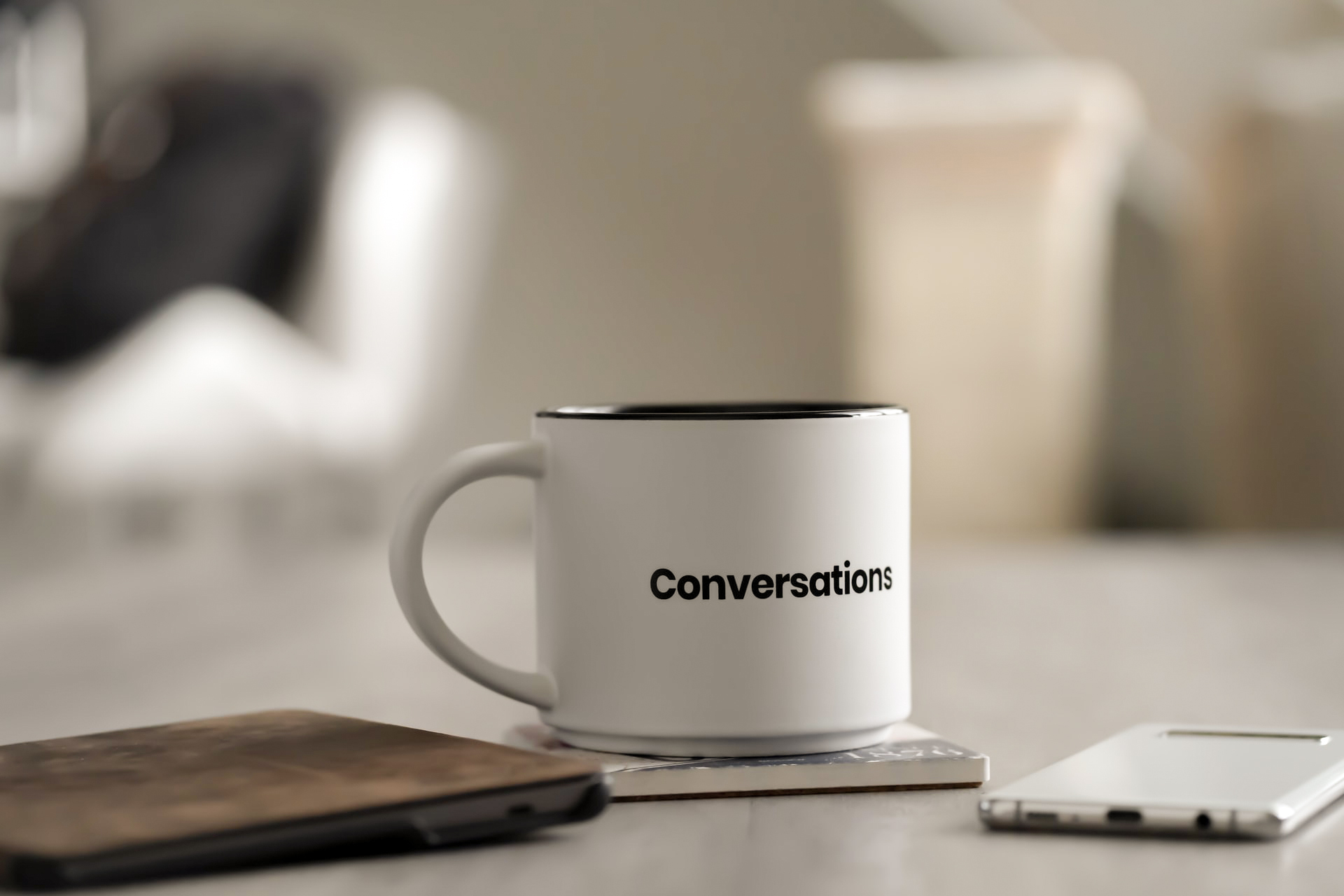 Kaffeetasse mit Aufdruck "Conversation"