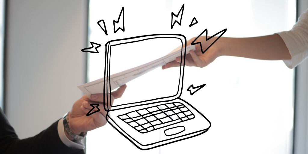 Zwei Hände, Dokument wird übergeben, Illustration eines Laptops überlagert das Bild