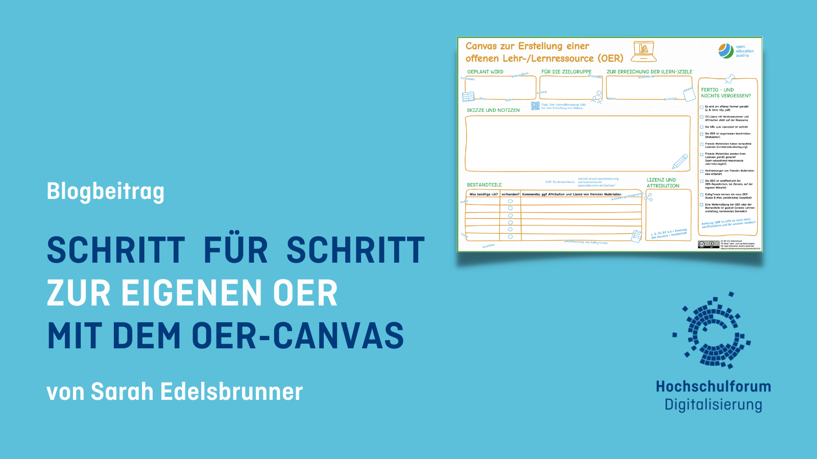 Text: Schritt für Schritt zur eigenen OER mit dem OER-Canvas; Bild: ein OER-Canvas auf Deutsch auf blauem Grund