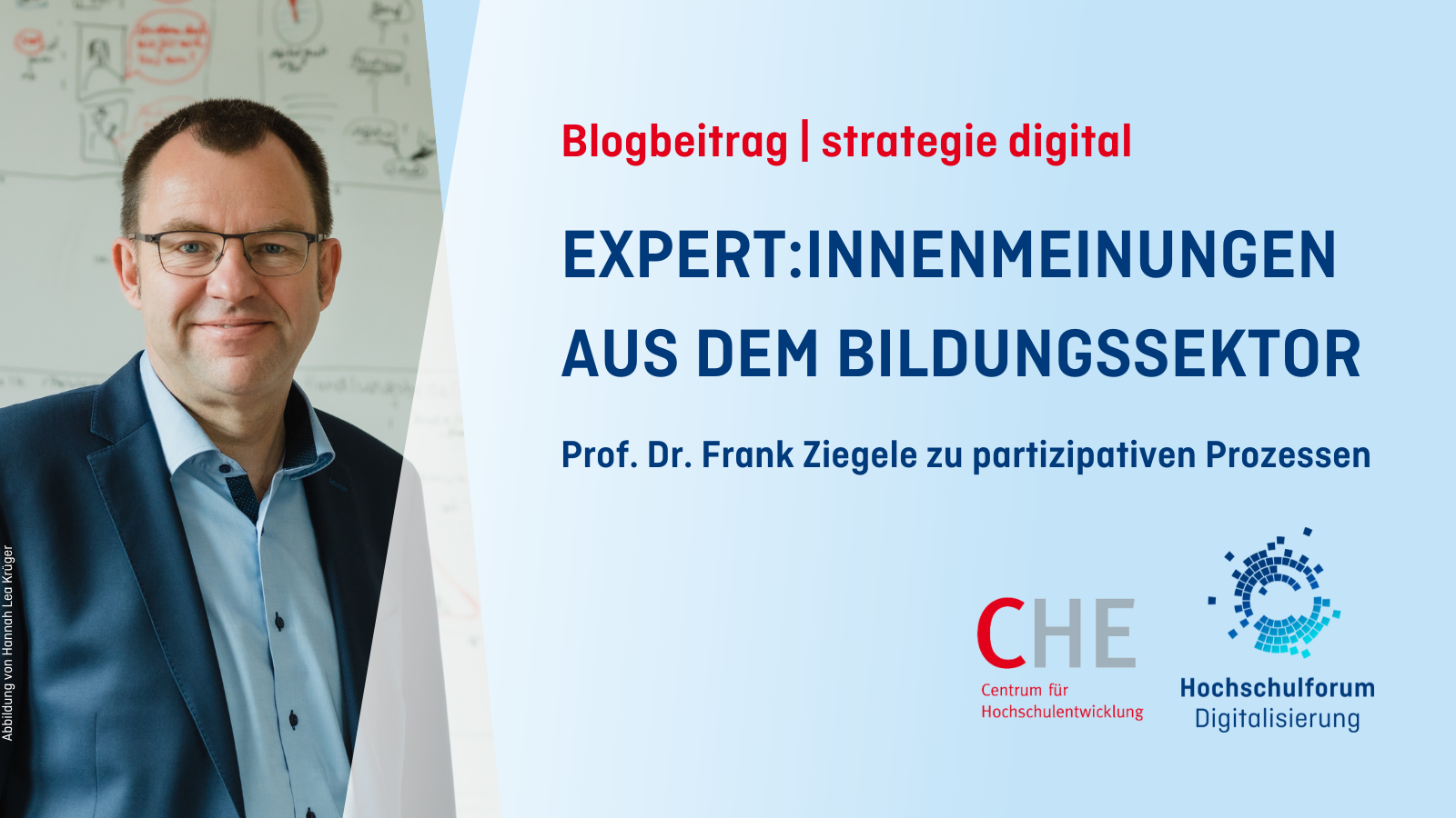 Titelbild zum Beitrag aus der 3. Ausgabe des HFD-Magazins "strategie digital" von Prof. Dr. Frank Ziegele: Partizipation – EXPERT:INNENMEINUNGEN AUS DEM BILDUNGSSEKTOR. Logo: Hochschulforum Digitalisierung.