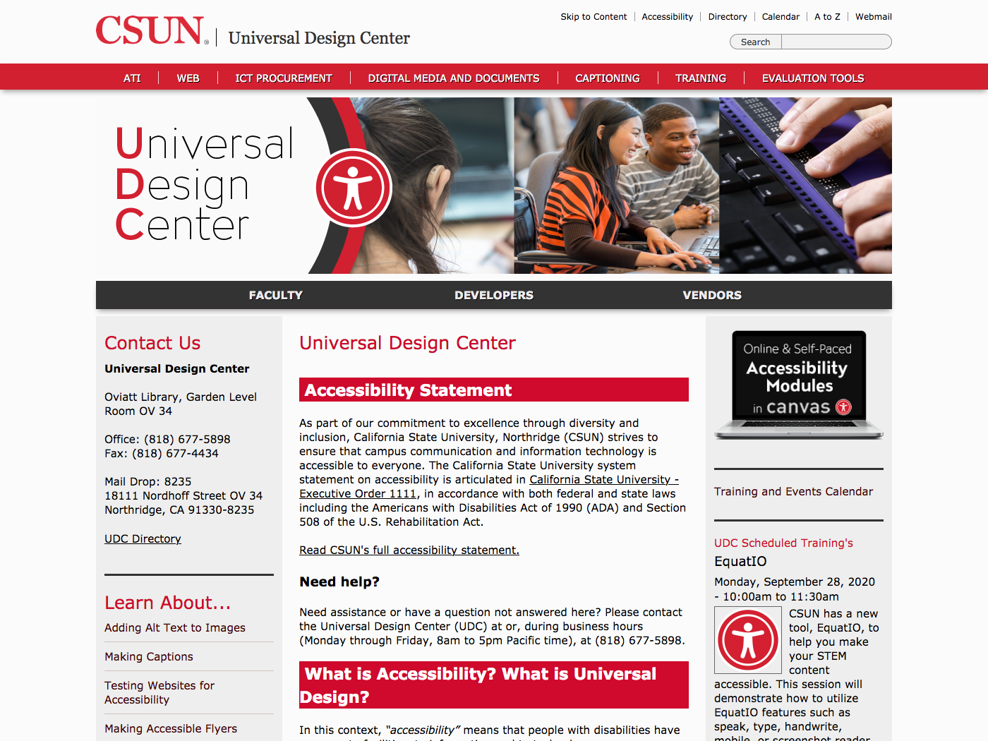 Bildschirmfoto Startseite des Universal Design Center der CSUN