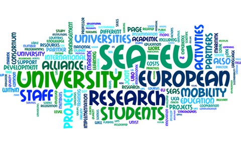 Wortwolke in Blau- und Grüntönen. Auswahl von Begriffen: SEA-EU, University, European, Research, Students