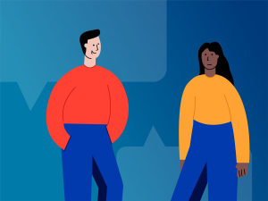 Bild: Grafik von zwei Personen, ein weißer Mann (links) und eine schwarze Frau (rechts). Sie stehen vor einem blauen Hintergrund und großen Sprechblasen in einem leicht helleren Blauton. Er trägt einen roten, sie einen senfgelben Pullover.