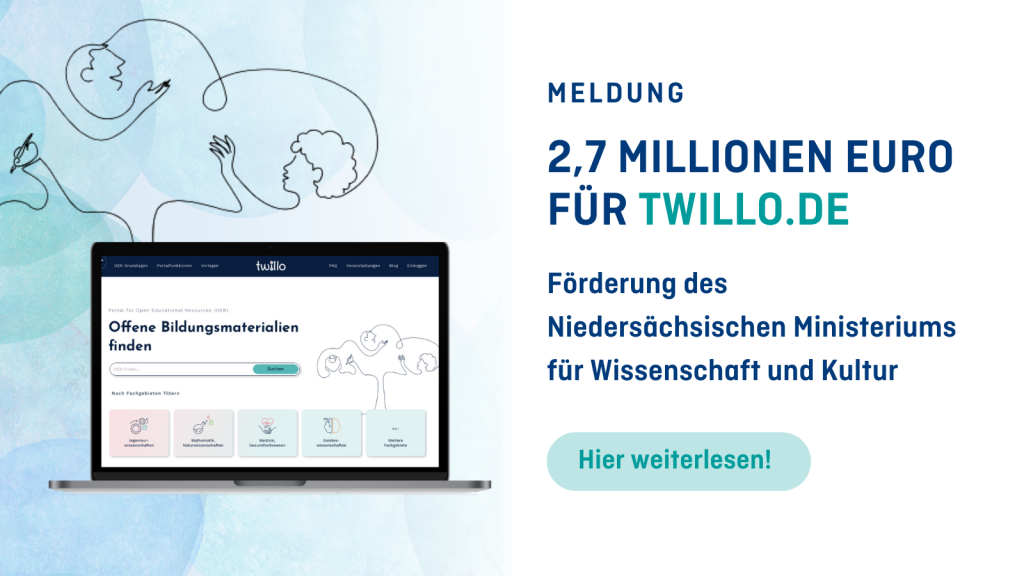 Titelbild zur Meldung: 2,7 Millionen Euro für die Offene Bildungsplattform namens twillo.de – Eine Förderung des Niedersächsischen Ministeriums für Wissenschaft und Kultur. Auf der linken Seite ist ein Laptop mit der aufgerufenen Webseite abgebildet. Jetzt weiterlesen!
