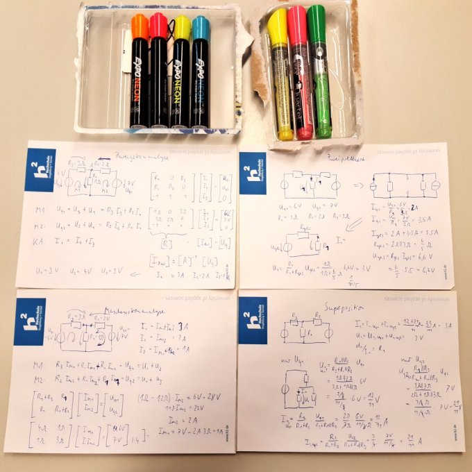 zwei Packungen mit Stiften, darunter vier Zettel mit Formeln