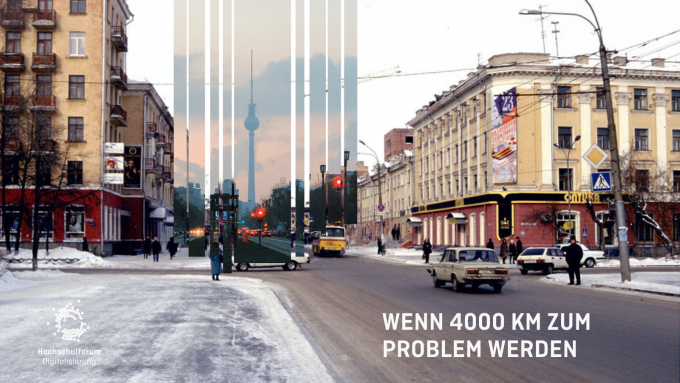 Stadtansicht Tjumen, Russland,  mit montiertem Berliner Fernsehturm; Text: Wenn 4000km zum Problem werden