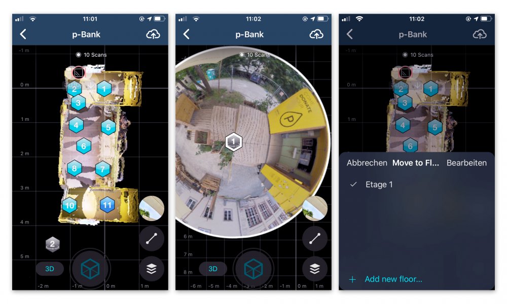 Abb. 2: Screenshots der App ,Capture‘: Scanübersicht, Einsetzen eines 360° Fotos der Umgebung, Menü zum Erstellen von Etagen