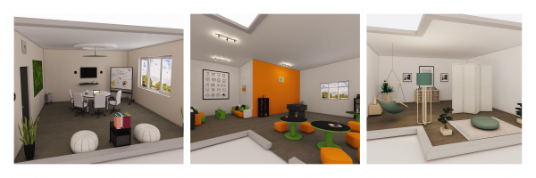Bild mit drei verschiedenen Modellen für Lernräume in der Zukunft: Smart-Work-Räume verfügen über Technik und erfüllen ergonomische Anforderungen, Get2Gether-Räume mit runden Tischen laden zum sozialen Austausch ein. Disconnect-Räume sind zum Entspannen eingerichtet. 