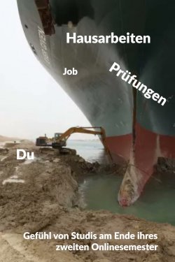 Meme Abbildung vom Suezkanal. Riesiges Schiff: Job, Prüfungen. Kleiner Bagger: Du.