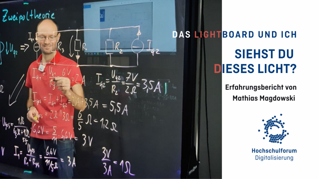 Text: Das Lightboard und Ich; Siehst du das Licht?; Ein Erfahrungsbericht von Mathias Magdowski; Bild: Mathias Magdowski steht vor einem Lightboard, darauf Formeln