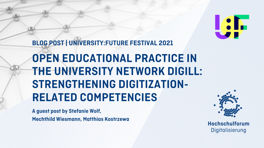 Description: network of linked metal spheres, top right: Univerity Future Festival 2021 logo, lower right: HFD logo, text: BLOG POST | UNIVERSITY:FUTURE FESTIVAL 2021, OPEN EDUCATIONAL PRACTICE IN THE UNIVERSITY NETWORK DIGILL: STRENGTHENING DIGITIZATION-RELATED COMPETENCIES, A guest post by Stefanie Wolf,  Mechthild Wiesmann, Matthias Kostrzewa 
