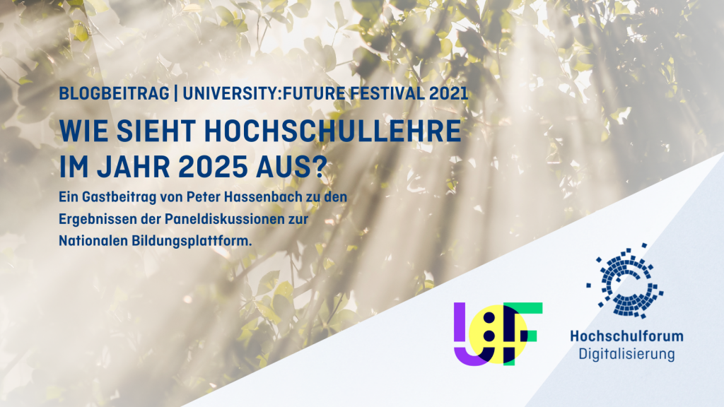 Blätter eines Baumes im Sonnenlicht; Dazu Text: Wie sieht Hochschullehre  im Jahr 2025 aus? Ein Gastbeitrag von Peter Hassenbach zu den Ergebnissen der Paneldiskussionen zur  Nationalen Bildungsplattform.