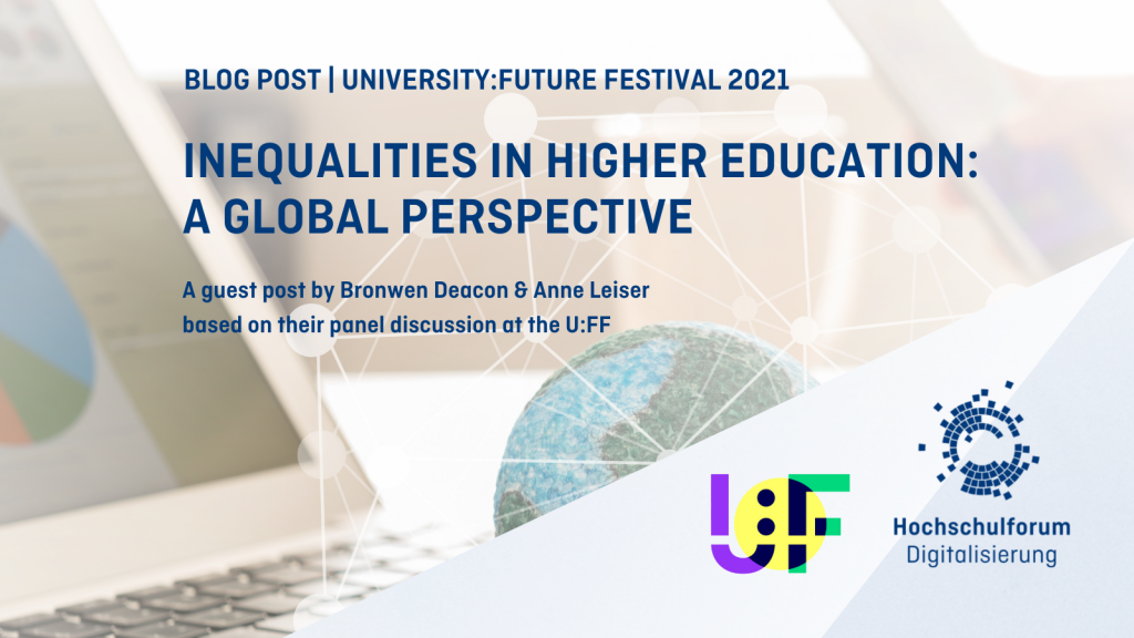 Title and authors of the text; Logos of HFD and University:Future Festival; In the background: A globe next to a laptop encompassed by a network of interconnected lines.