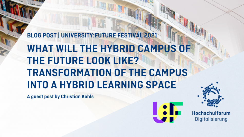 Background description: rows of bookshelves of a library, bottom right: Logo of the Univeristy: Future Festival 2021 and the University Forum on Digitization, text: BLOG POST | UNIVERSITY:FUTURE FESTIVAL 2021, What will the hybrid campus of the future look like? Transforming the campus into a hybrid learning space, A guest post by Christian Kohls