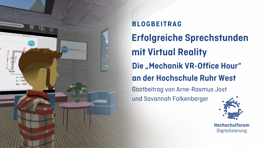 Bild linke Seite: Im VR-Raum, Avatar blickt auf eine Leinwand. Text auf der rechten Seite: 