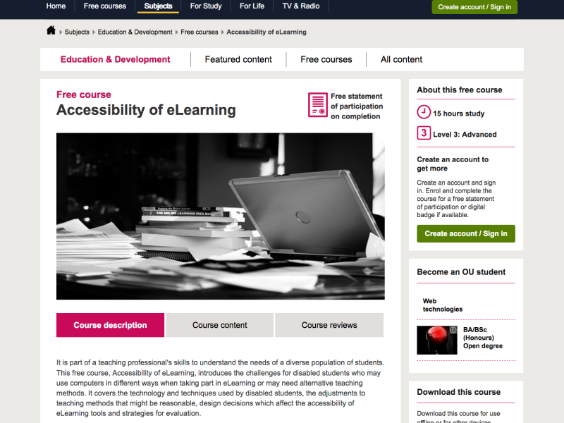 Bildschirmfoto Portal OpenLearn mit Kurs Accessibility of eLearning