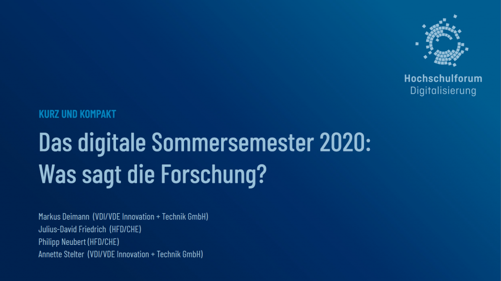 Dunkelblauer Hintergrund mit weißer Schrift: Das digitale Sommersemester 2020: Was sagt die Forschung?