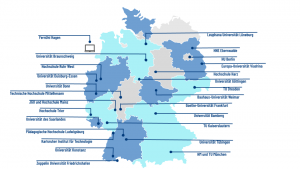 Deutschlandkarte mit den Hochschulstandorten der DigitalChangeMaker-Jahrgänge 2018 bis 2021
