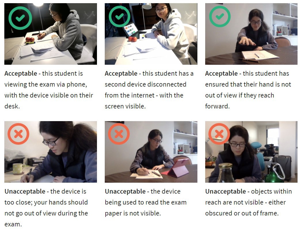 Mehrere Fotos einer Person, die eine online beaufsichtigte Prüfung schreibt. Die Fotos zeigen, wie man die Kamera richtig und falsch platziert.