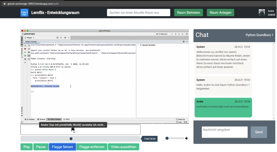 Benutzeransicht der Plattform Lernflix: Entwicklungsraum mit Textfeld, Chat und Kommunikationstools
