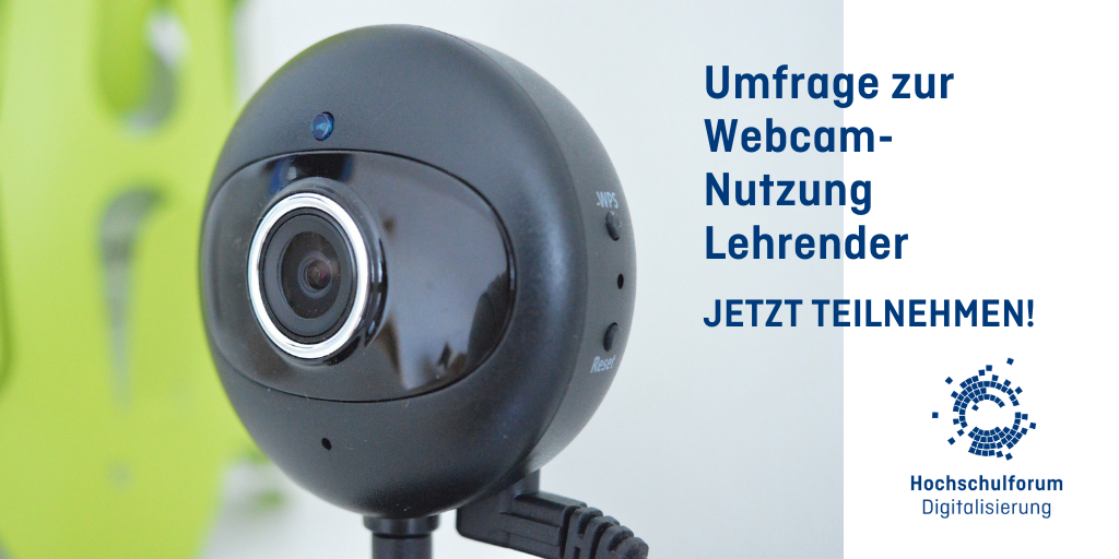 Webcam und Text "Umfrage zur Webcam-Nutzung Lehrender - jetzt teilnehmen!"