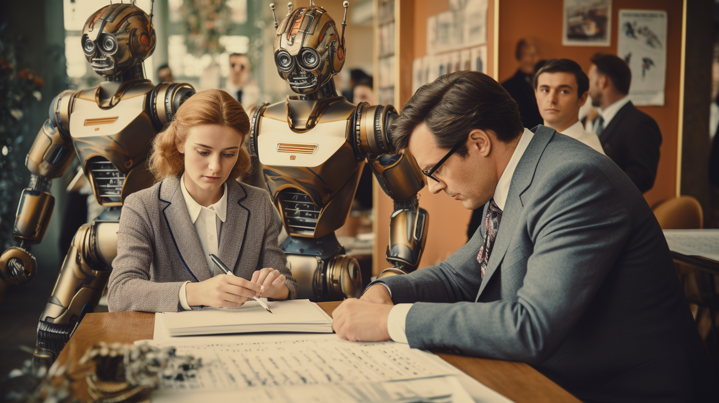 Eine Frau und ein Mann Arbeiten an Texten, im Hintergrund zwei Roboter.