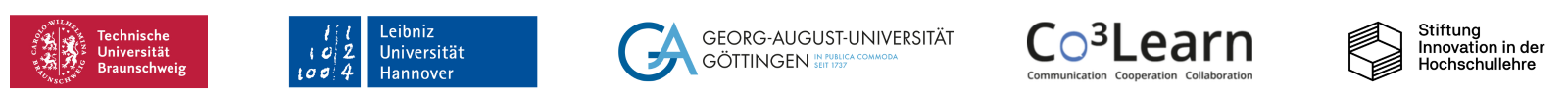 Logos der Universitäten Braunschweig, Hannover und Göttingen sowie des Verbundprojekts CO3Learn und der Stiftung Innovation in der Hochschullehre.