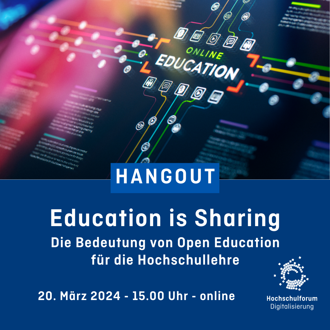Titel: "Education is Sharing: Die Bedeutung von Open Education für die Hochschullehre". Der Hangout findet am 20. März 2024 um 15.00 Uhr online statt. Logo rechts unten: Hochschulforum Digitalisierung.