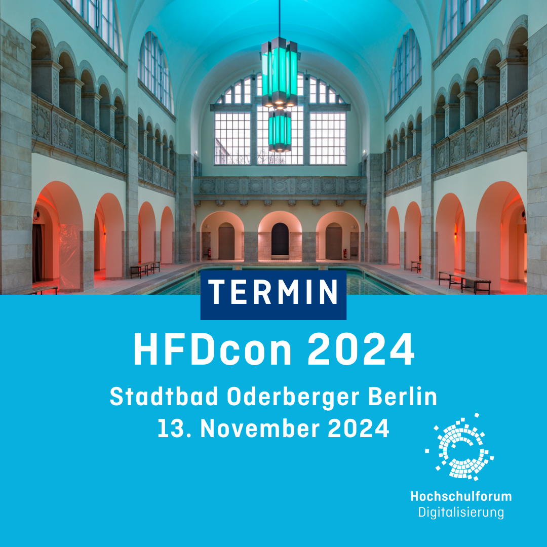 Bild oben zeigt das Stadtbad Oderberger in Berlin. Termin: "HFDcon 2024 im Stadtbad Oderberger Berlin am 13. November 2024." Logo rechts unten: Hochschulforum Digitalisierung.