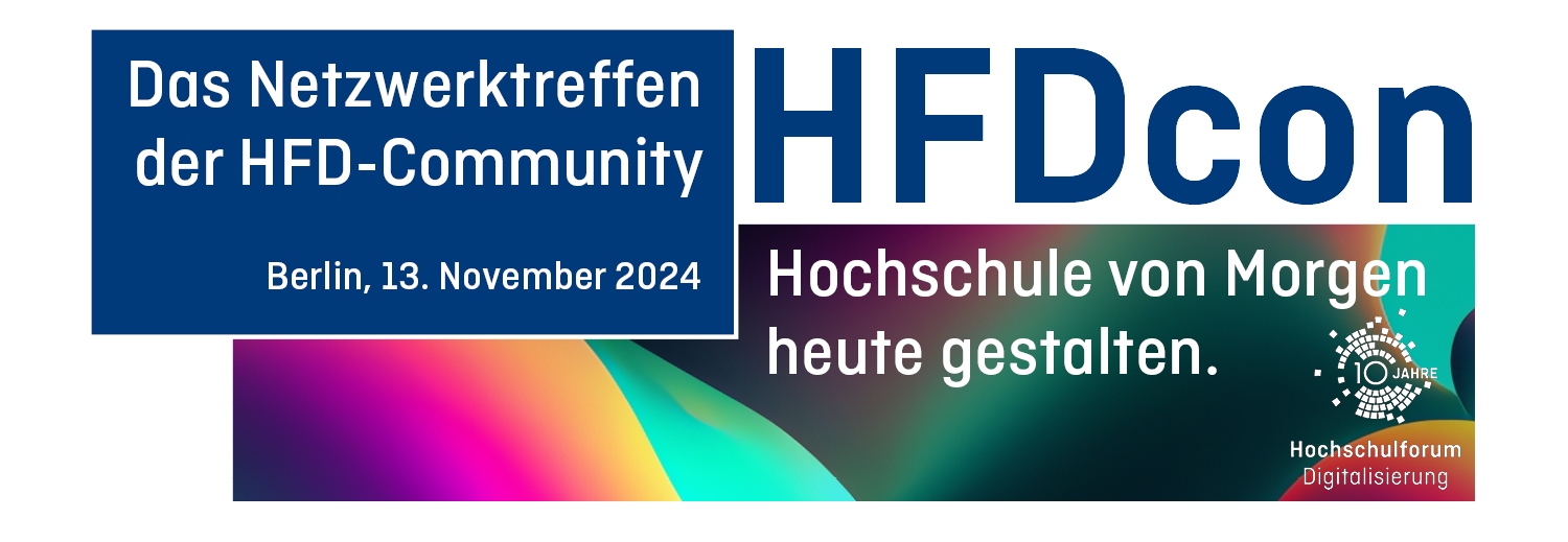HFDcon 2024: Blauer Kasten mit einem weißen Schriftzug "Das Netzwerktreffen der HFD-Community, Berlin, 13.