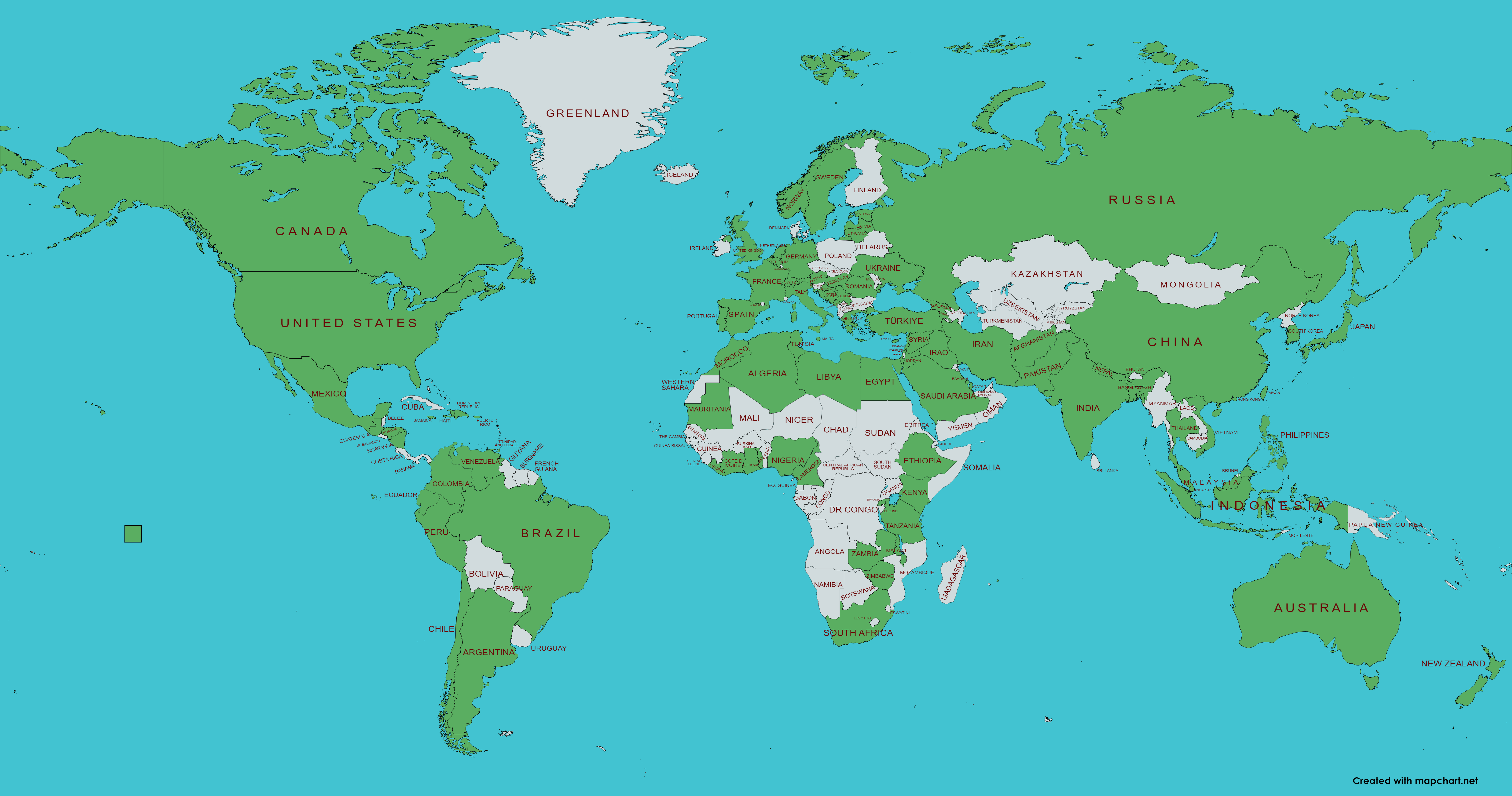 Die Abbildung zeigt eine Weltkarte, auf der ein Großteil der Staaten auf allen Kontinenten grün markiert ist.