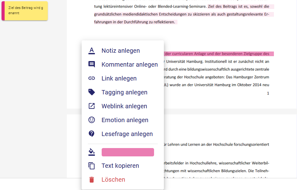 Der Screenshot zeigt ein Menü zur Erstellung verschiedener Anmerkungen in einem Dokument. Eine Stelle im Text ist markiert, zu der bereits eine private Notiz hinzugefügt wurde. Die private Notiz wird links neben dem Dokument angezeigt.