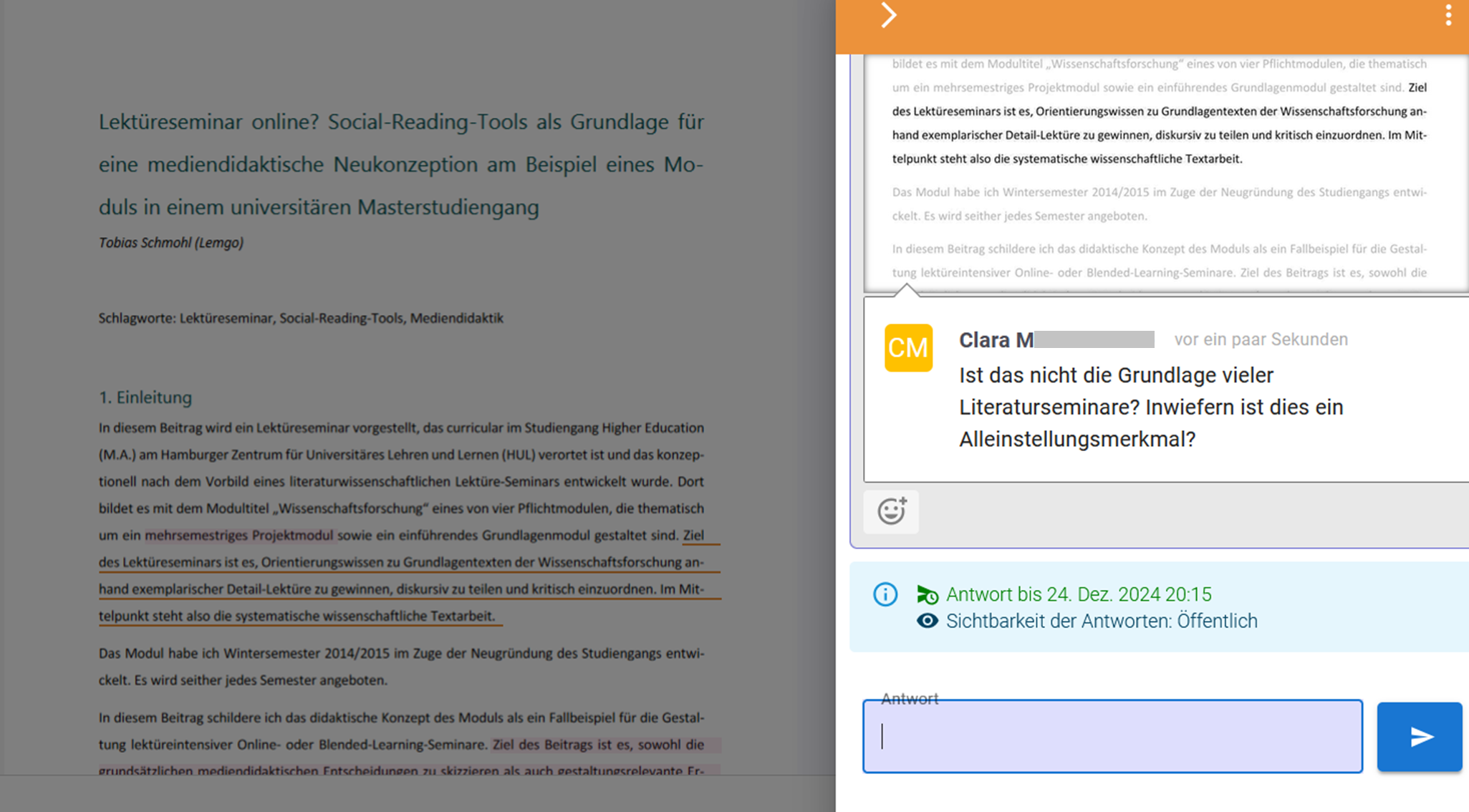 Screenshot eines PDF-Dokuments mit farblich unterstrichenen Textpassagen. Rechts im Bild befindet sich eine Kommentarspalte mit einer hinterlegten Lesefrage zur unterstrichenen Textstelle. Eine leere Textbox und ein Absende-Button zum Verfassen einer Antwort sind ebenfalls sichtbar. Darüber hinaus wird angezeigt, dass Antworten auf die Lesefrage bis zu einem bestimmten Datum gegeben werden können und für alle im Pod sichtbar sind.