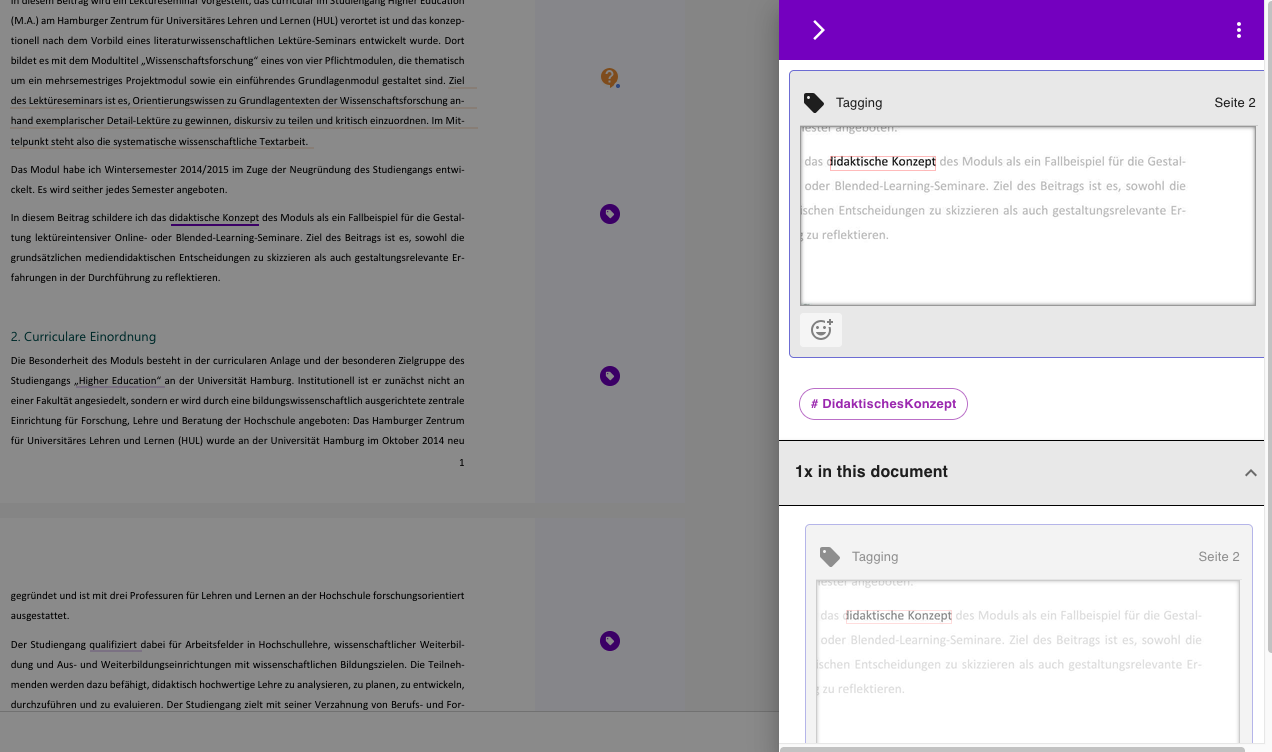 as Bild zeigt eine Funktion zum Markieren von Textstellen mit benutzerdefinierten Tags. Eine Textpassage in einem PDF-Dokument ist ausgewählt und mit dem Tag „Didaktisches Konzept“ versehen. Die rechte Seitenleiste zeigt die Markierung und die Anzahl des ausgewählten Tags im Dokument.
