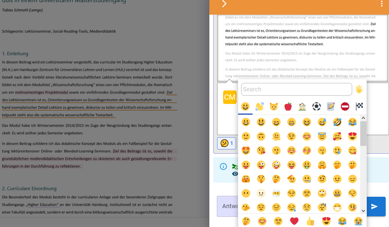 Der Screenshot zeigt auf der linken Seite farblich markierte Textstellen im Dokument. Rechts befindet sich eine Kommentarspalte mit einer großen Auswahl an Emojis, mit denen auf eine markierte Textstelle reagiert werden kann.