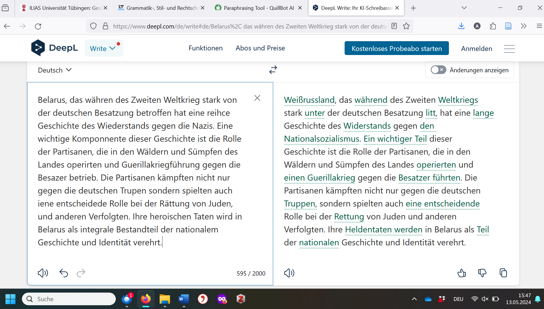 Textverbesserungstool DeepL Write im Test mit fehlerhaftem Text aus dem Seminar