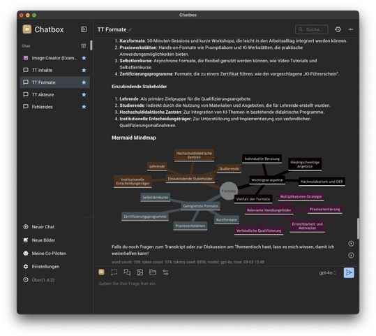 Abbildung 8: App Chatbox AI mit Anzeige einer Auswertung und eingebetteter Visualisierung mit Mermaid-MindMap