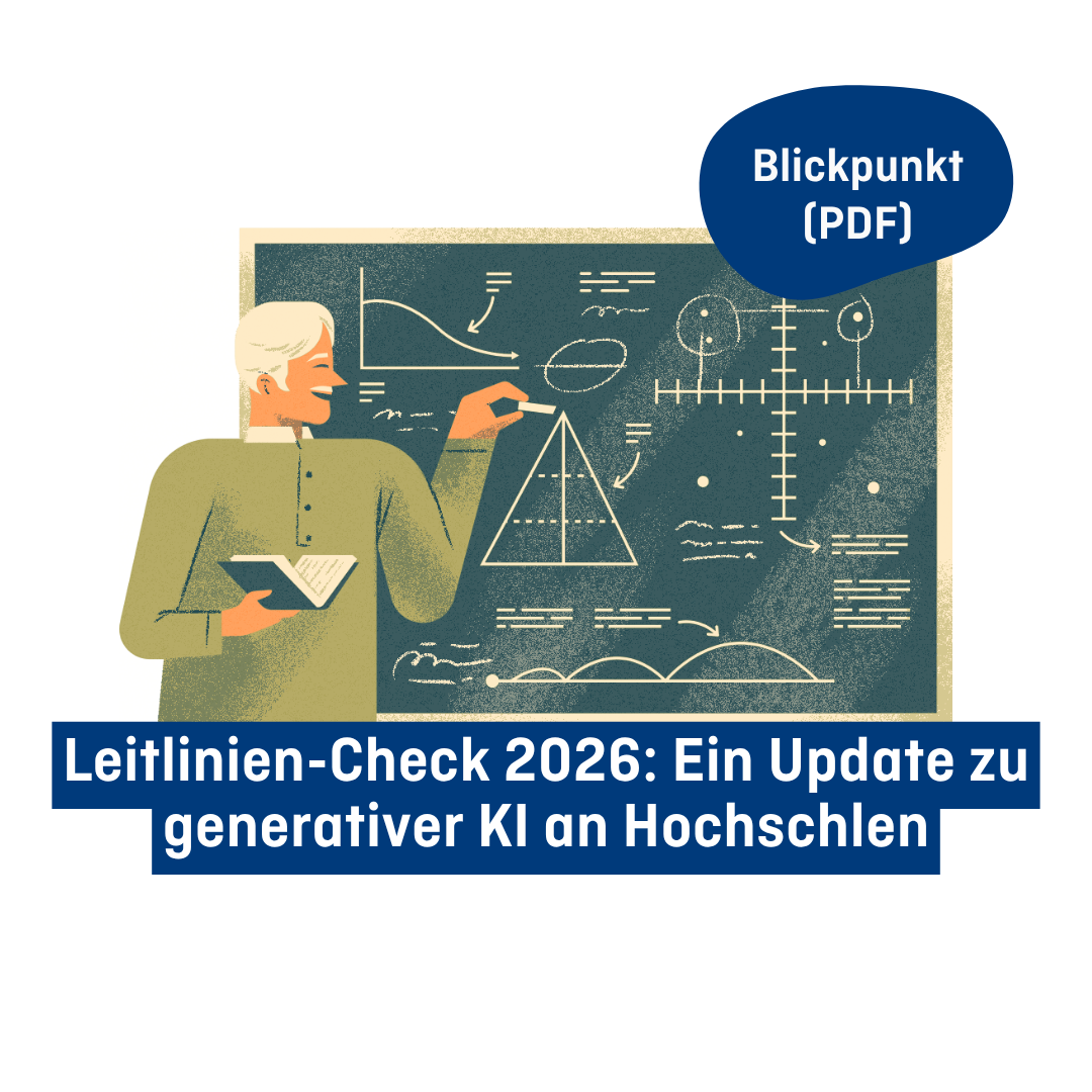 Illustration mit Verlinkung auf Blickpunkt (PDF): Leitlinien-Check 2026: Ein Update generativer KI an Hochschulen