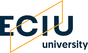 Das Logo der ECIU zeigt den Schriftzug durch den sich ein Parallelogramm in orangener Farbe zieht. Unterhalb des Schriftzuges "ECIU" steht "university".