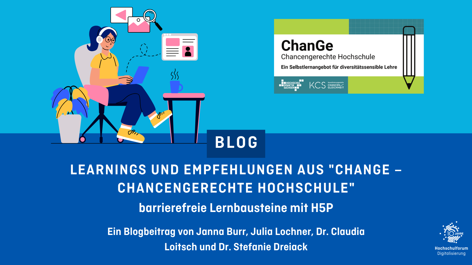 Blogartikel mit dem Titel: "Learnings und Empfehlungen aus „ChanGe – Chancengerechte Hochschule“: barrierefreie Lernbausteine mit H5P" von Janna Burr, Julia Lochner, Dr. Claudia Loitsch, und Dr. Stefanie Dreiack. Logo rechts unten: Hochschulforum Digitalisierung.