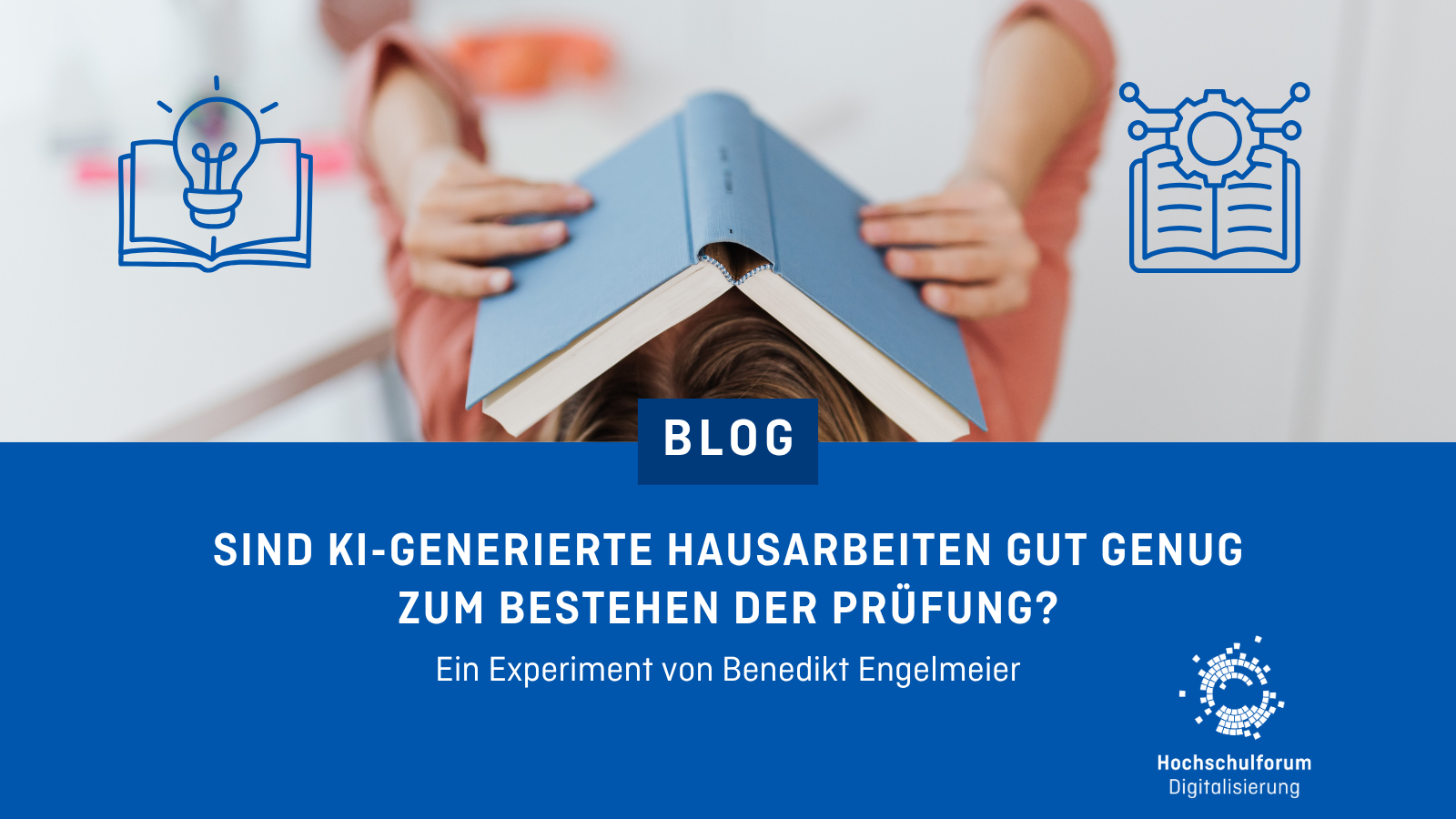 Eine Grafik mit Büchern und Texten, die auf einen Blogbeitrag hinweist. Der Text lautet: Sind KI-generierte Hausarbeiten gut genug zum Bestehen der Prüfung?