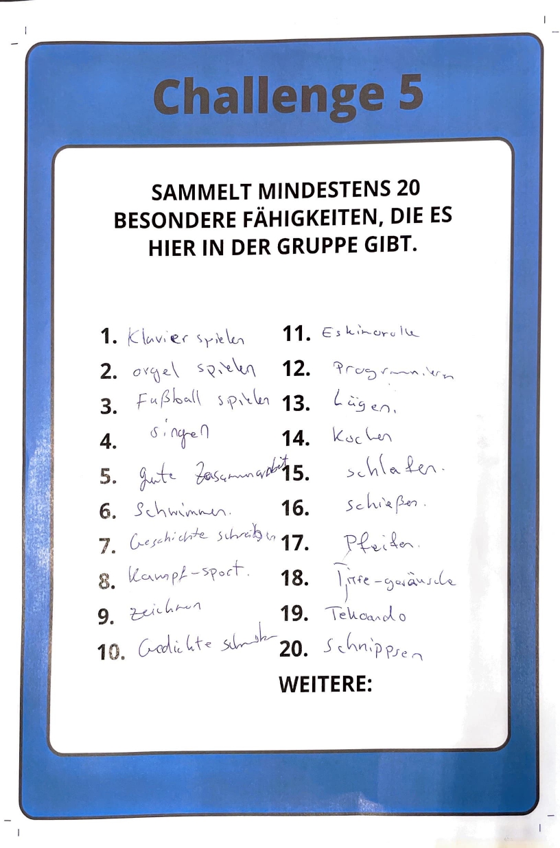 Eine handschriftliche Liste mit den besonderen Fähigkeiten der Studierenden.