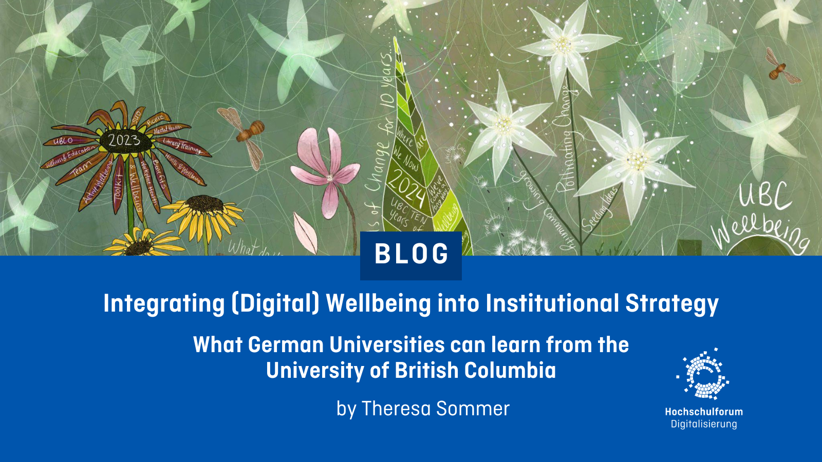 A picture of flowers and the text: "Integrating (Digital) Wellbeing into Institutional Strategy: What German Universities Can Learn from the University of British Columbia.” By Theresa Sommer.