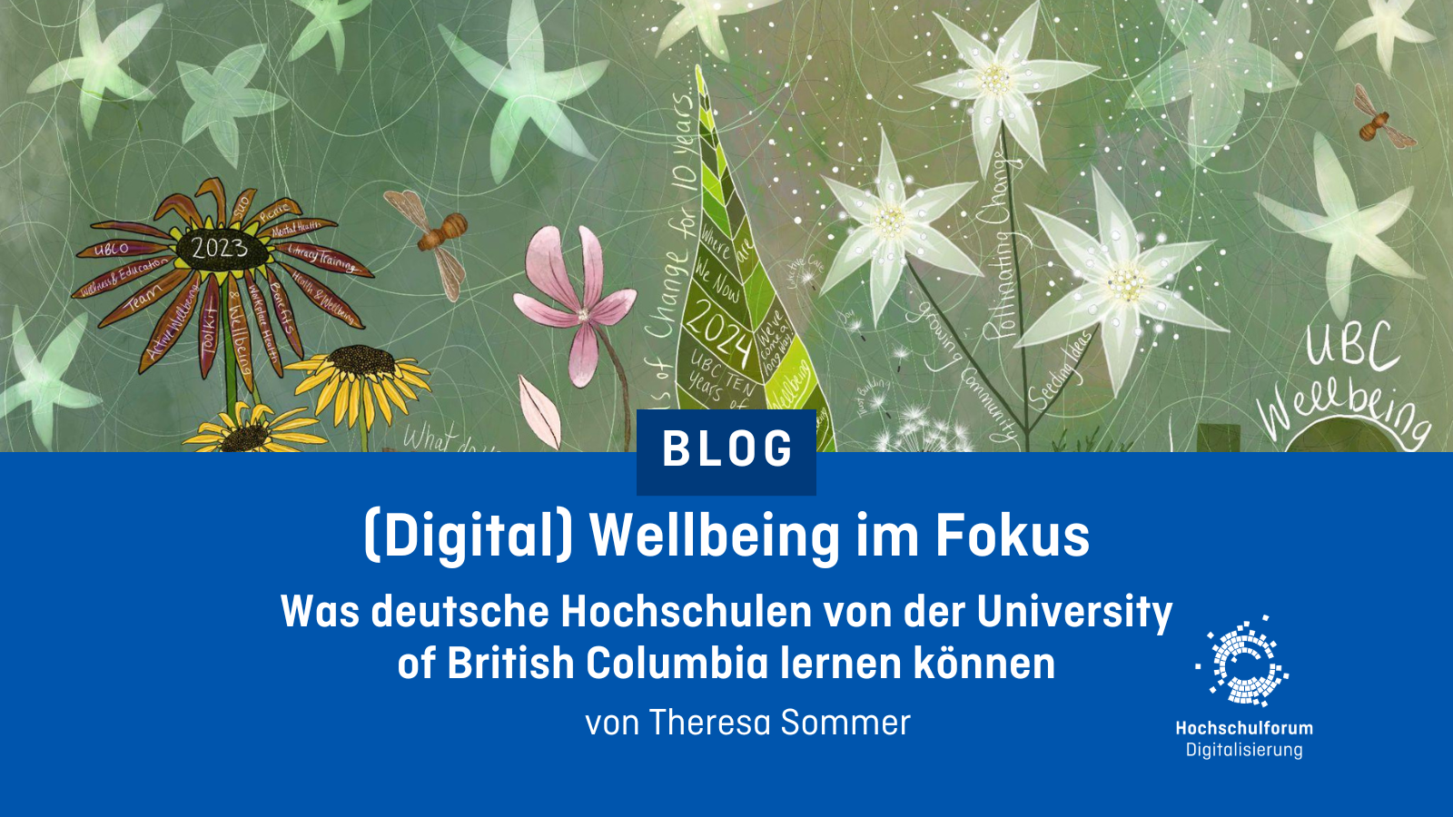 Ein Bild von Blumen und dem Text: (Digital) Wellbeing im Fokus. Was deutsche Hochschulen von der University of British Columbia lernen können. Von Theresa Sommer.