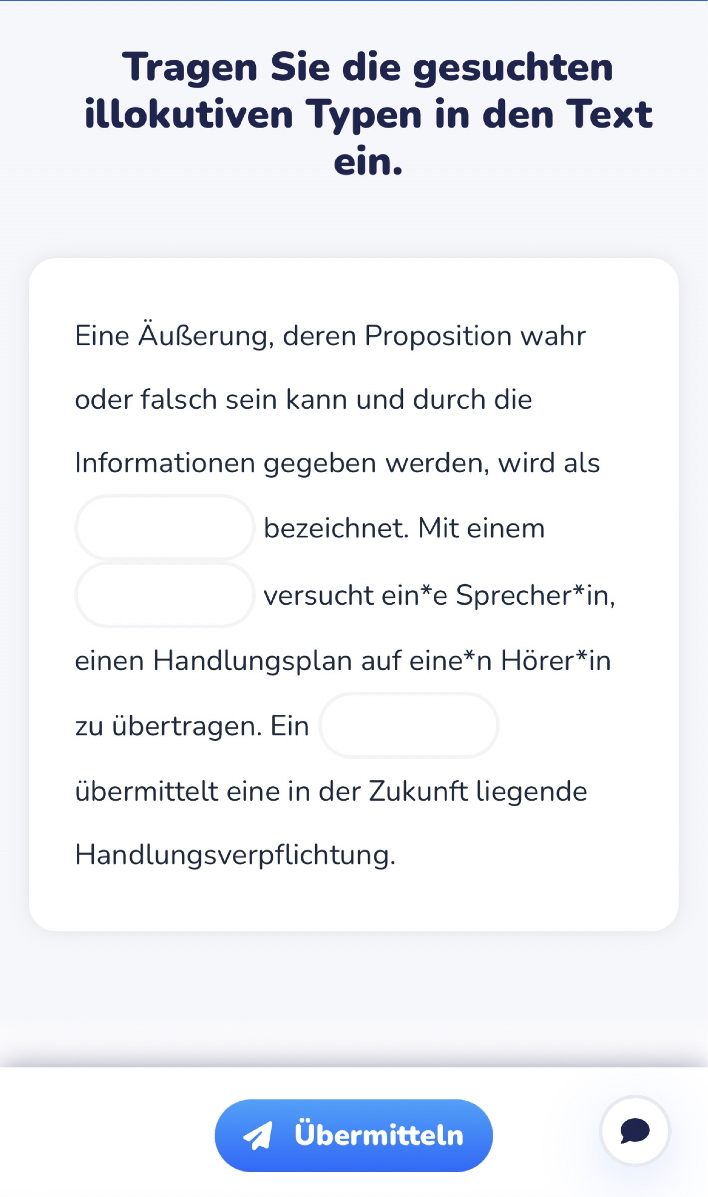 „Der Text enthält drei Lücken für die korrekten Fachbegriffe.“