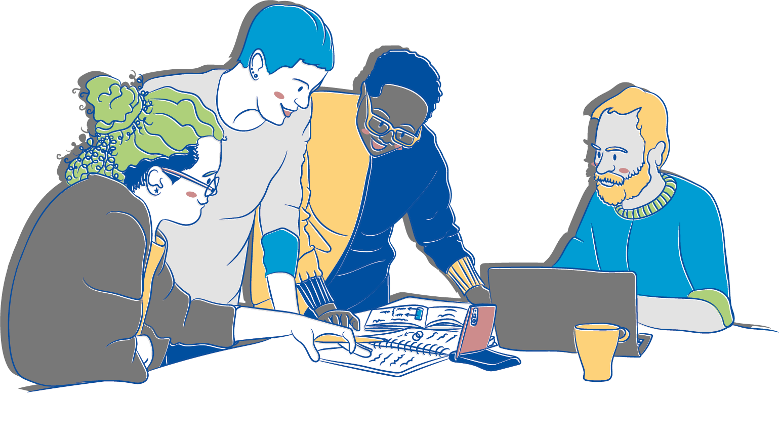 Abbildung1_Vier Personen mit Laptop und Büchern