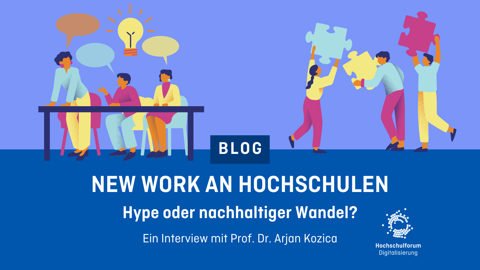 Sharepic. Obere Hälfte: Zwei Grafiken vor hellblauem Hintergrund; 1. Grafik links: hinter einem Tisch, steht eine Person, zwei sitzen, über ihren Köpfen sind Sprechblasen und eine große Glühlampe, die aufleuchtet; 2. Grafik rechts: drei Personen halten große Puzzle-Stücke in den Händen und schauen sich dabei an. Untere Hälfte: Text: "Blog - New Work an Hochschulen - Hype oder nachhaltiger Wandel? Ein Interview mit Prof. Dr. Arjan Kozica" Unten rechts: Logo Hochschulforum Digitalisierung.